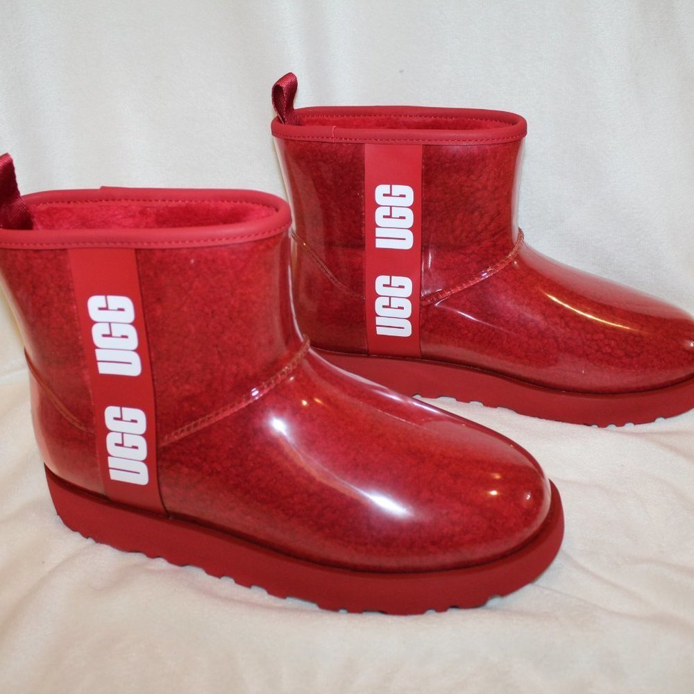 NIB UGG WOMEN'S CLEAR MINI SHEARLING WATERPROOF‎ LOGO BOOTS RED - Picture 2 of 7
